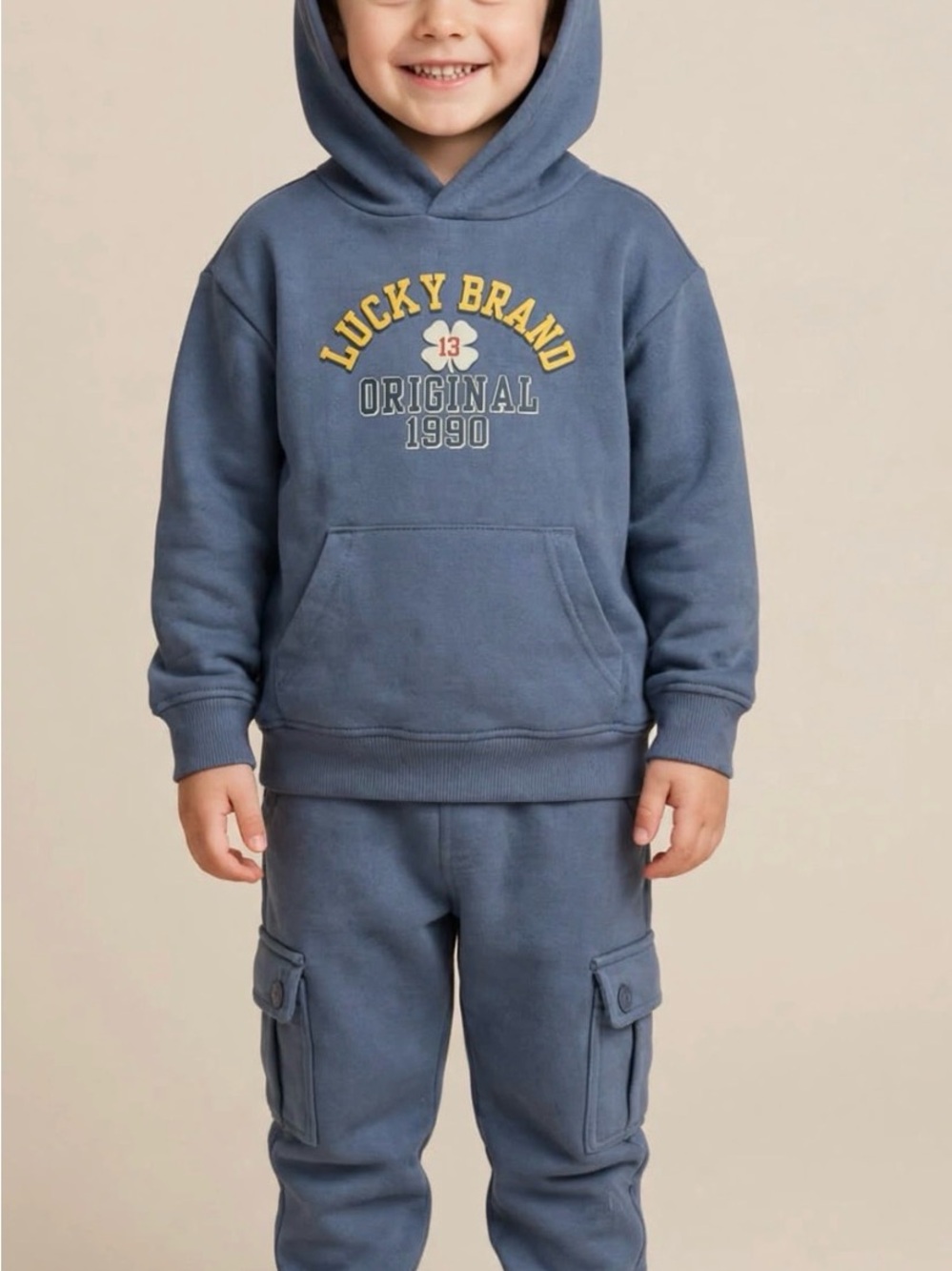 Lucky Brand Dusty Blue Kids Hoodie with Yellow Logo